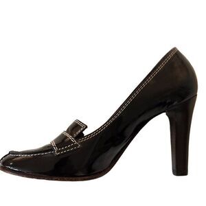 Theory Womens Leather Patent Round Toe Loafer Heel Black White Size 37